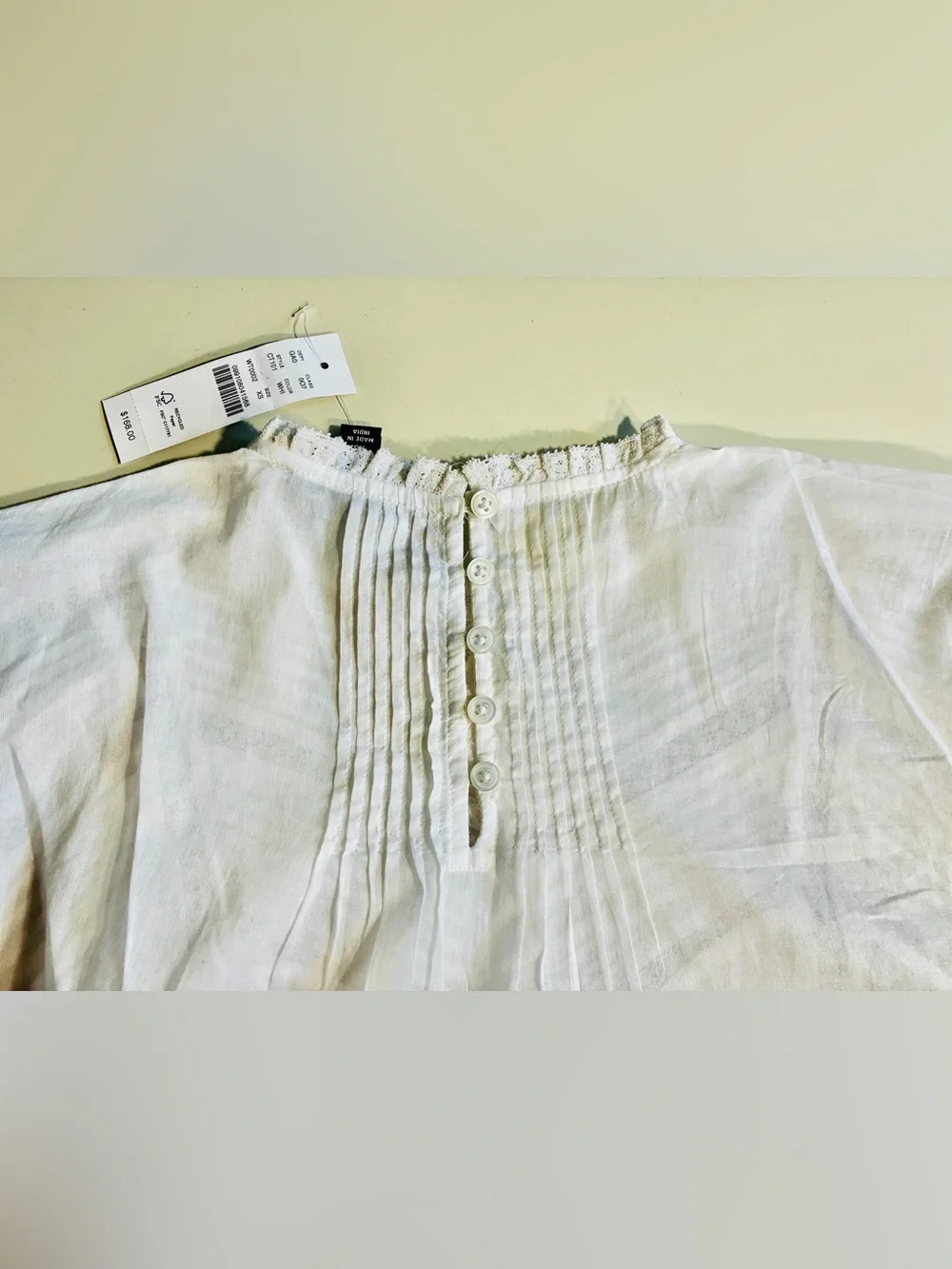 J.Crew White.Women’s Lace-trim pintuck top in 100% organic cotton voile.XS.NWT.